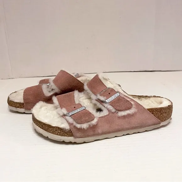 Birkenstock Arizona Suede Leather &amp; Shearling Sandals in Pink Clay