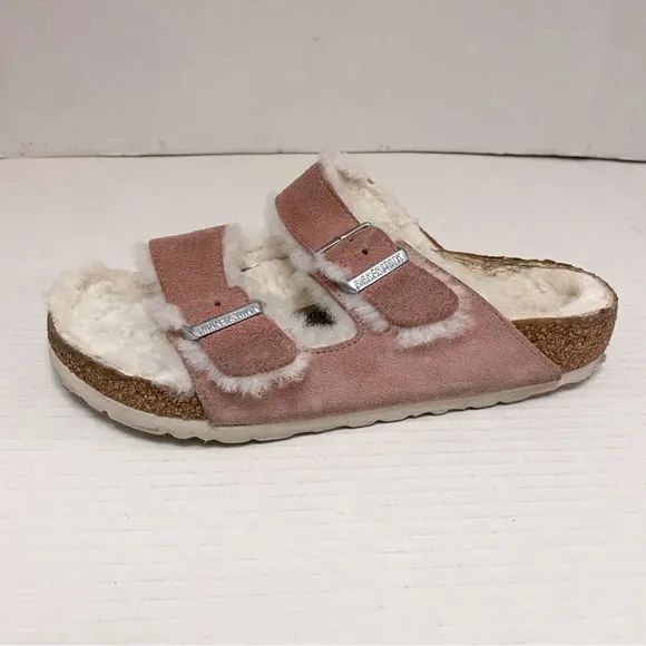 Birkenstock Arizona Suede Leather &amp; Shearling Sandals in Pink Clay