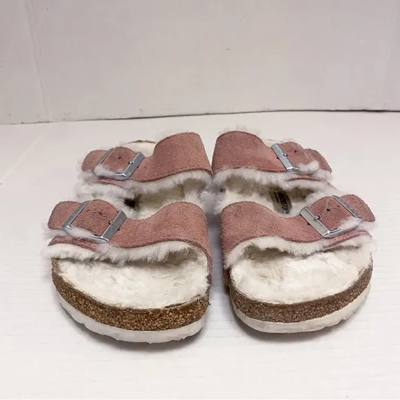Birkenstock Arizona Suede Leather &amp; Shearling Sandals in Pink Clay
