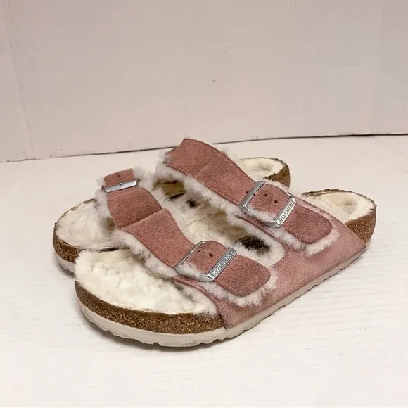 Birkenstock Arizona Suede Leather &amp; Shearling Sandals in Pink Clay