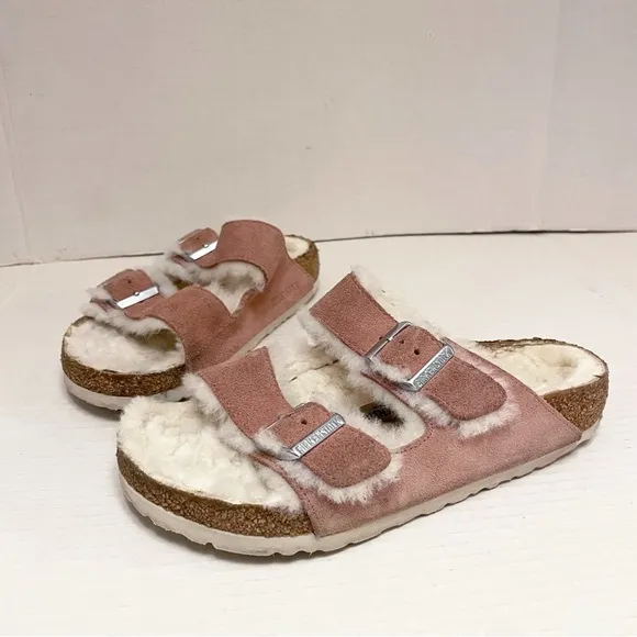 Birkenstock Arizona Suede Leather &amp; Shearling Sandals in Pink Clay