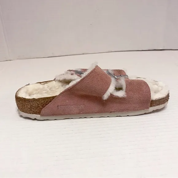 Birkenstock Arizona Suede Leather &amp; Shearling Sandals in Pink Clay