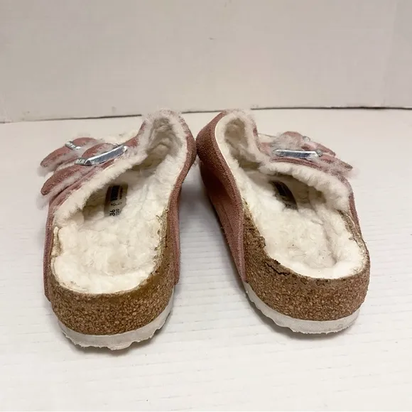 Birkenstock Arizona Suede Leather &amp; Shearling Sandals in Pink Clay