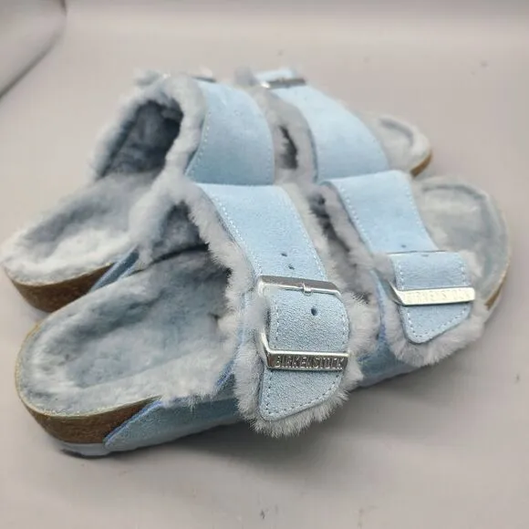 Birkenstock Arizona Sz 6/37 Buckle Blue Suede Shearling Womens Slide Sandals New