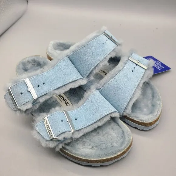Birkenstock Arizona Sz 6/37 Buckle Blue Suede Shearling Womens Slide Sandals New