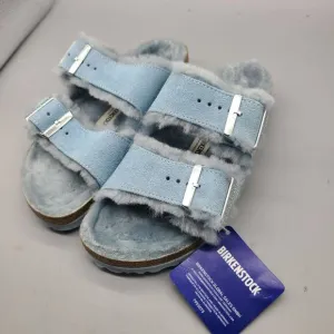 Birkenstock Arizona Sz 6/37 Buckle Blue Suede Shearling Womens Slide Sandals New