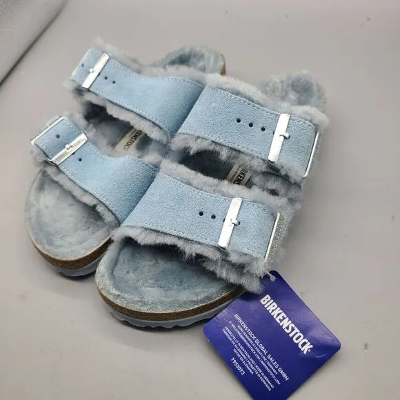 Birkenstock Arizona Sz 6/37 Buckle Blue Suede Shearling Womens Slide Sandals New