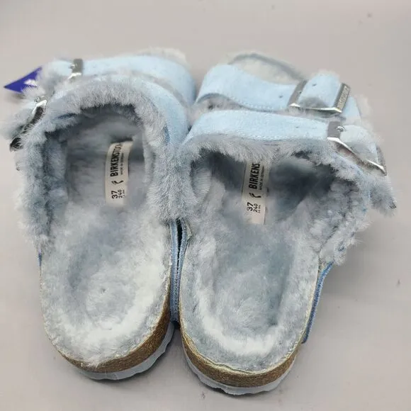 Birkenstock Arizona Sz 6/37 Buckle Blue Suede Shearling Womens Slide Sandals New