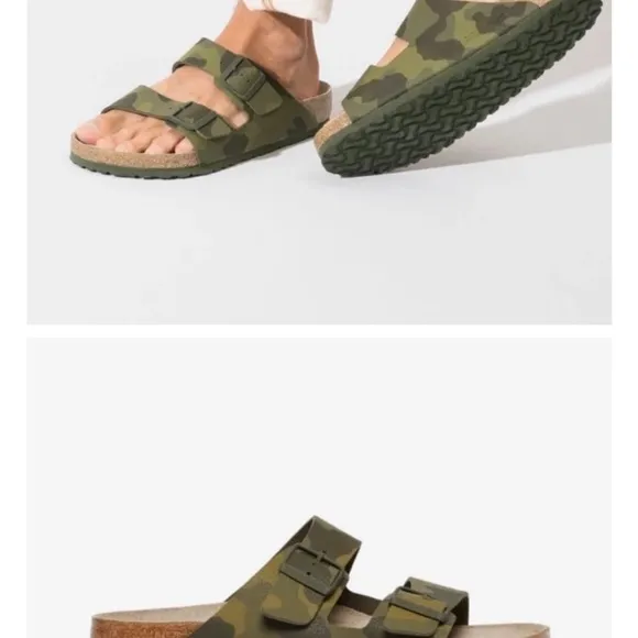 Birkenstock Camo Green Sandals with Adjustable Straps and Contoured Footbed