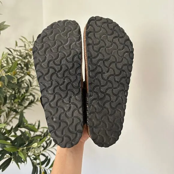 Birkenstock Gizeh Arizona Microfiber Shiny Python T-Strap Sandals Black Gold 38