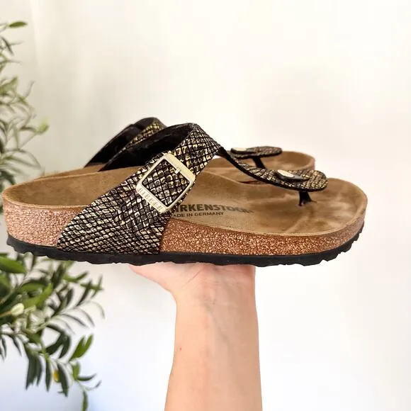 Birkenstock Gizeh Arizona Microfiber Shiny Python T-Strap Sandals Black Gold 38