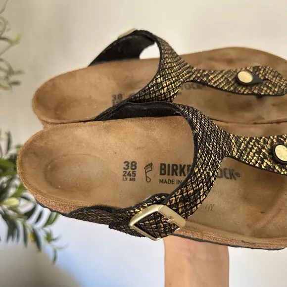 Birkenstock Gizeh Arizona Microfiber Shiny Python T-Strap Sandals Black Gold 38