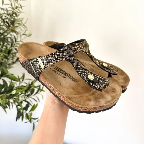 Birkenstock Gizeh Arizona Microfiber Shiny Python T-Strap Sandals Black Gold 38
