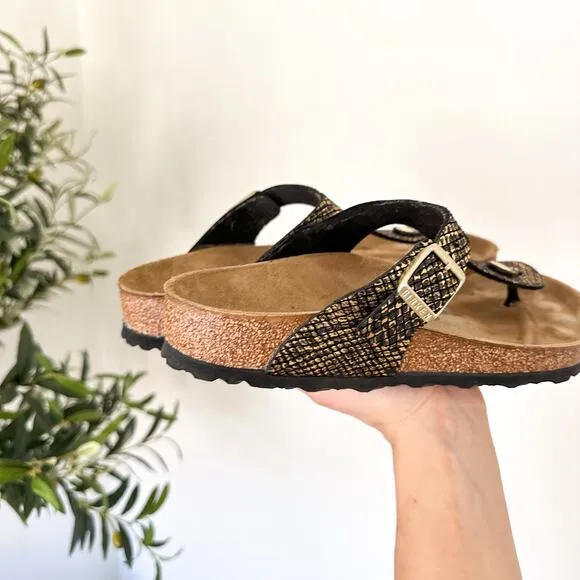 Birkenstock Gizeh Arizona Microfiber Shiny Python T-Strap Sandals Black Gold 38