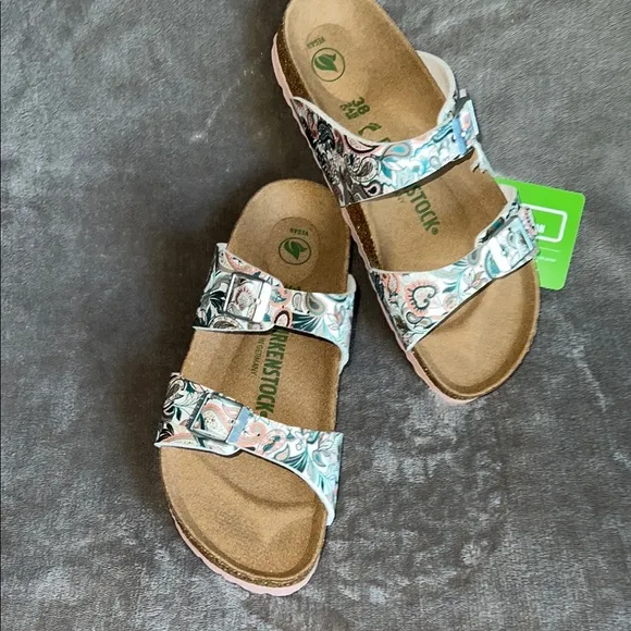 Birkenstock Green and White Sandals with Cork Footbed