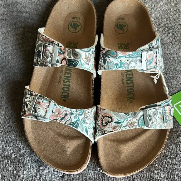 Birkenstock Green and White Sandals with Cork Footbed