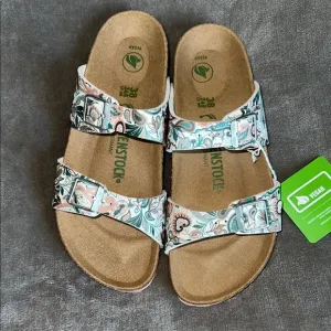 Birkenstock Green and White Sandals with Cork Footbed