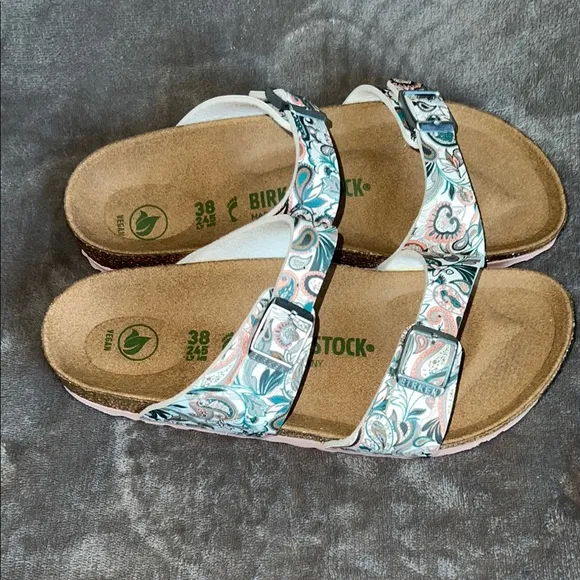 Birkenstock Green and White Sandals with Cork Footbed