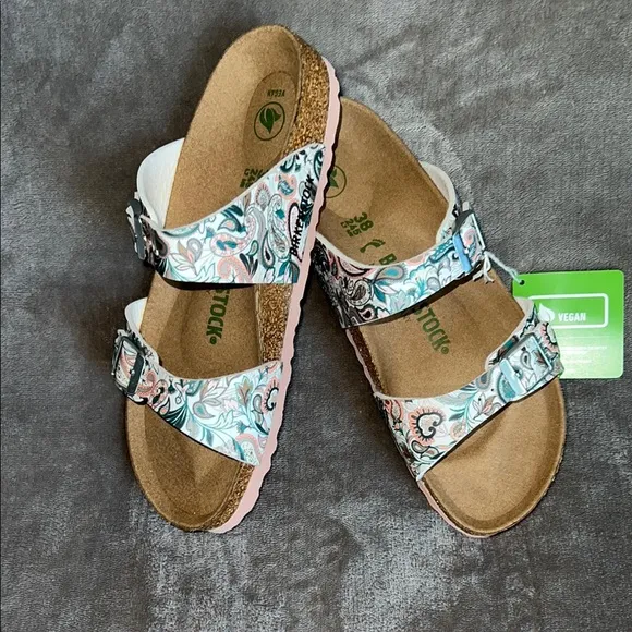 Birkenstock Green and White Sandals with Cork Footbed