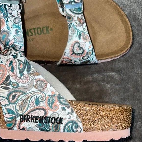 Birkenstock Green and White Sandals with Cork Footbed