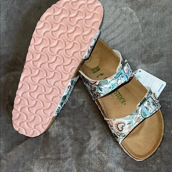 Birkenstock Green and White Sandals with Cork Footbed