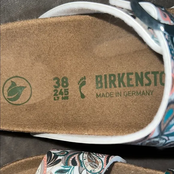 Birkenstock Green and White Sandals with Cork Footbed