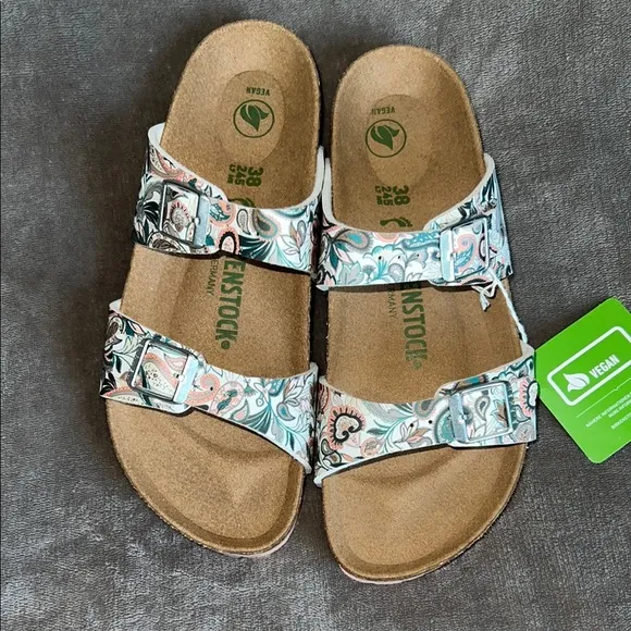 Birkenstock Green and White Sandals with Cork Footbed