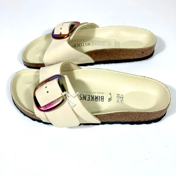 Birkenstock Madrid Iridescent Big Buckle Slide Sandals Ecru 6 37 NEW