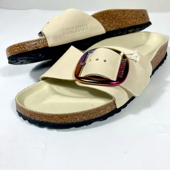 Birkenstock Madrid Iridescent Big Buckle Slide Sandals Ecru 6 37 NEW