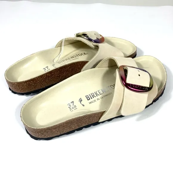 Birkenstock Madrid Iridescent Big Buckle Slide Sandals Ecru 6 37 NEW