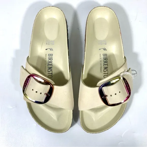 Birkenstock Madrid Iridescent Big Buckle Slide Sandals Ecru 6 37 NEW