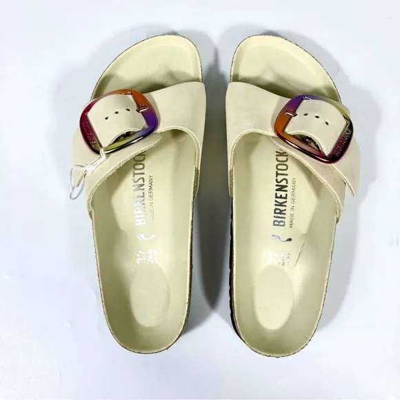 Birkenstock Madrid Iridescent Big Buckle Slide Sandals Ecru 6 37 NEW