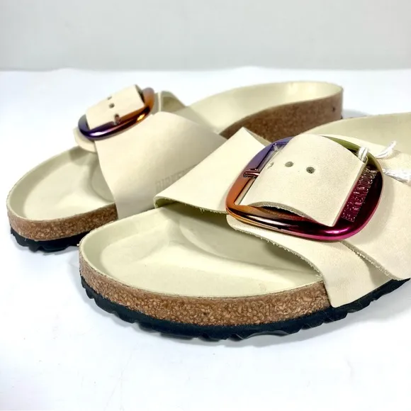 Birkenstock Madrid Iridescent Big Buckle Slide Sandals Ecru 6 37 NEW
