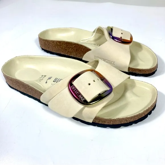 Birkenstock Madrid Iridescent Big Buckle Slide Sandals Ecru 6 37 NEW