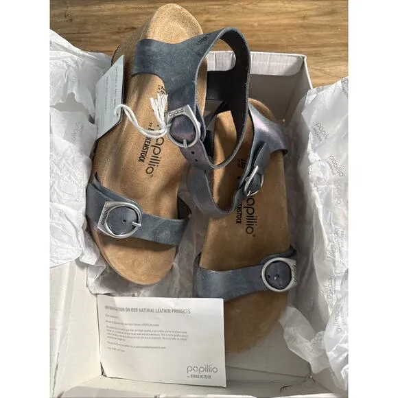 BIRKENSTOCK PAPILLIO SOLEY RING BUCKLE WEDGE LEATHER METALLIC BLACK 40 US 9