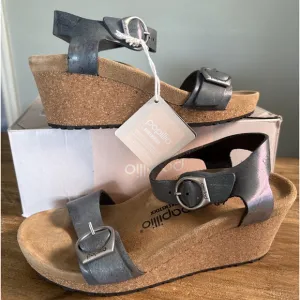 BIRKENSTOCK PAPILLIO SOLEY RING BUCKLE WEDGE LEATHER METALLIC BLACK 40 US 9