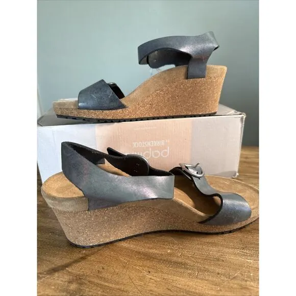 BIRKENSTOCK PAPILLIO SOLEY RING BUCKLE WEDGE LEATHER METALLIC BLACK 40 US 9