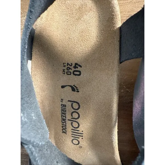 BIRKENSTOCK PAPILLIO SOLEY RING BUCKLE WEDGE LEATHER METALLIC BLACK 40 US 9