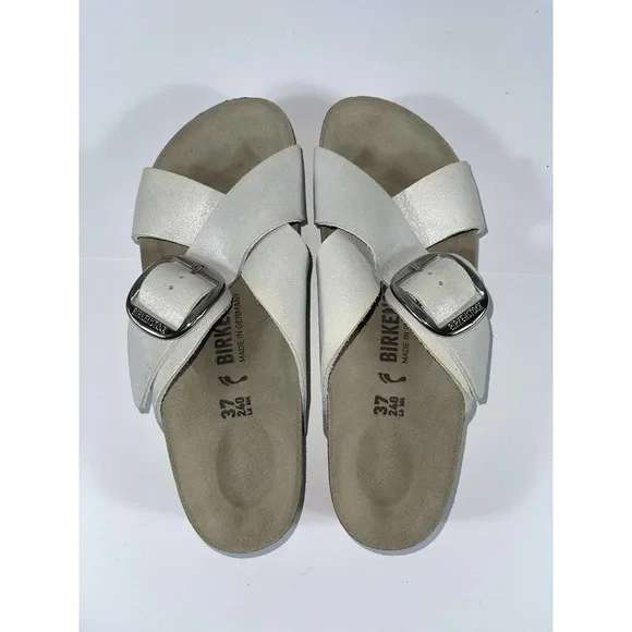 BIRKENSTOCK SIENA BIG BUCKLE SLIDE SANDAL WASHED METALLIC WHITE SZ 6-6.5US/37EU
