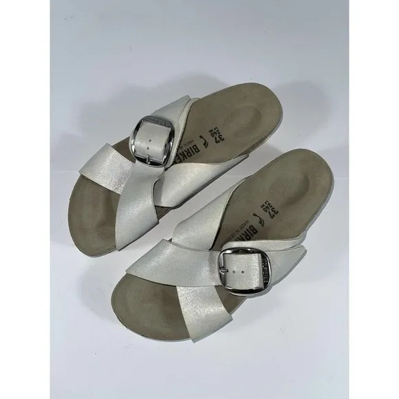 BIRKENSTOCK SIENA BIG BUCKLE SLIDE SANDAL WASHED METALLIC WHITE SZ 6-6.5US/37EU