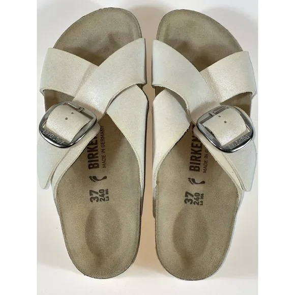 BIRKENSTOCK SIENA BIG BUCKLE SLIDE SANDAL WASHED METALLIC WHITE SZ 6-6.5US/37EU
