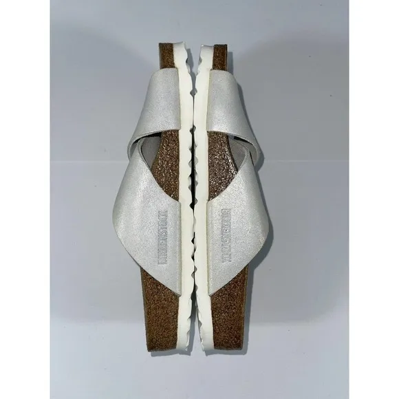 BIRKENSTOCK SIENA BIG BUCKLE SLIDE SANDAL WASHED METALLIC WHITE SZ 6-6.5US/37EU