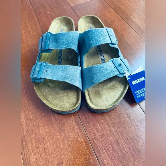 Birkenstock Unisex Arizona soft slide sandals in elemental blue narrow