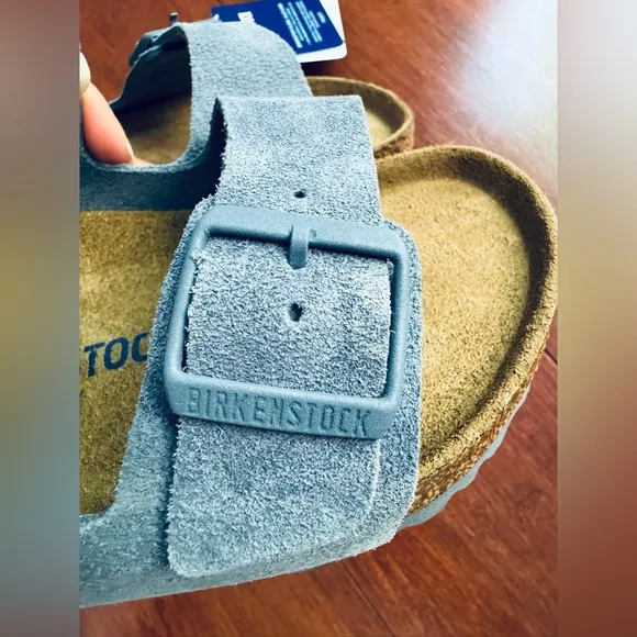 Birkenstock Unisex Arizona soft slide sandals in elemental blue narrow