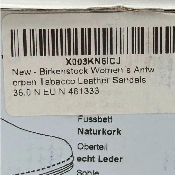 Birkenstock Women´s Antwerpen Tabacco Leather Sandals Brown Size US5 EU36