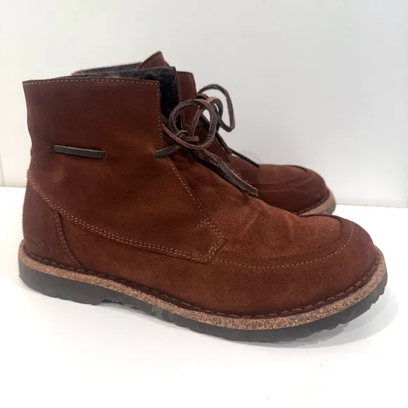Birkenstock Women’s Bakki Brown Suede Lace up Boots shearling lined 39 9 EUC
