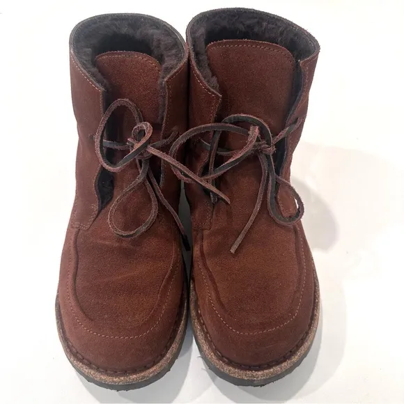 Birkenstock Women’s Bakki Brown Suede Lace up Boots shearling lined 39 9 EUC