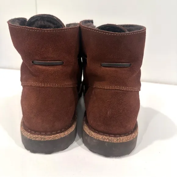 Birkenstock Women’s Bakki Brown Suede Lace up Boots shearling lined 39 9 EUC