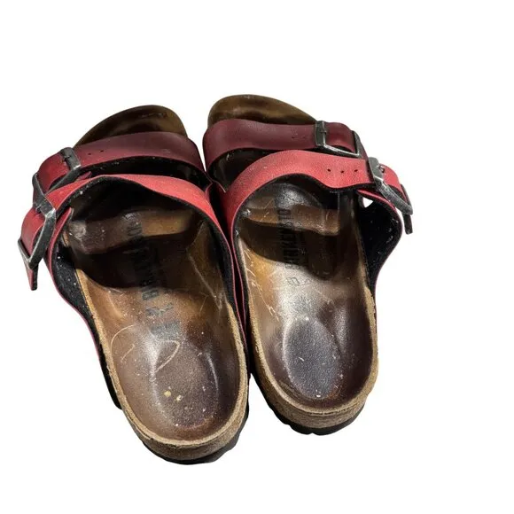 Birkenstock Womens Red Arizona Sandals Size 38 EU / 7 US Leather Cork Footbed