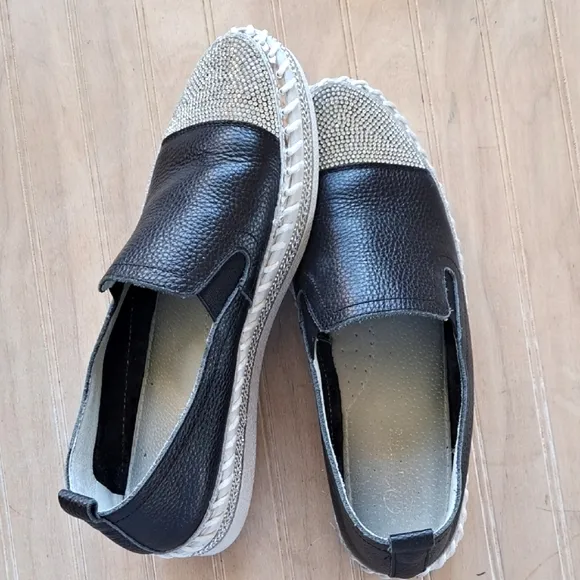 Black Leather Rhinestone Slip-On Stylish Fun Sparkle Quality Platform Loafers